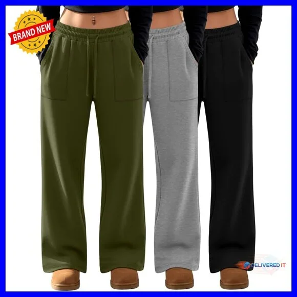 Plus Size Wide Leg Pants 3-Pack Stretchy Drawstring Waist with Pockets - Picture 1 of 7